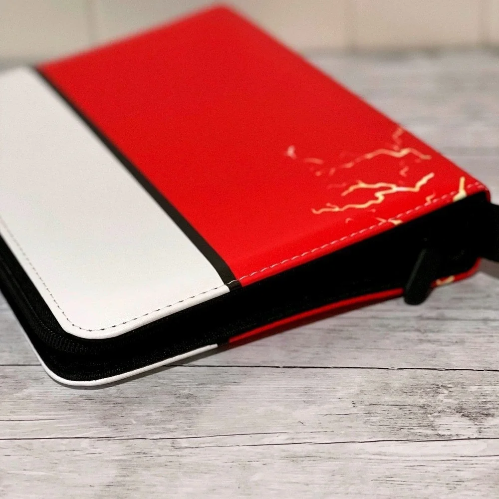 Red White Lightning Bolt 4-Pocket Trading Card Binder Zippered‎ Case with Strap